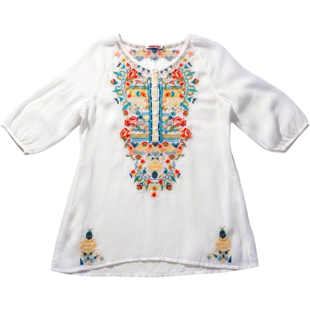 Johnny Was Tunic Top White Boho Floral Embroidered‎ Rayon Womens Small